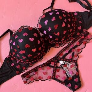Victoria's Secret Black Bra with Pink Heart Embroidery